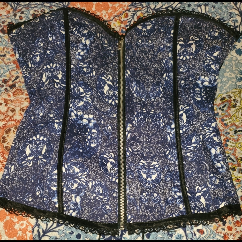 Floral Blue Corset/Bustier with Black Lace Trim